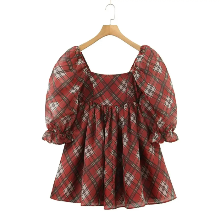Bloggers favs shop liropolla-0 Sleek red plaid Short Sleeve Puff Mini Dress
